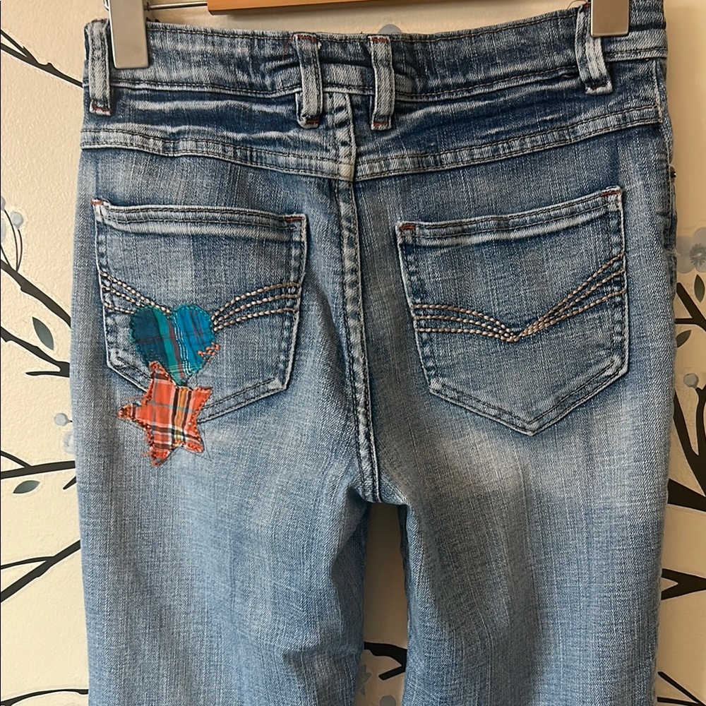 Nevada VGUC Blue Jeans with fun patchwork on front, leg and back pocket